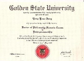 美國 Golden State University 頒發之榮譽哲學博士學位證書